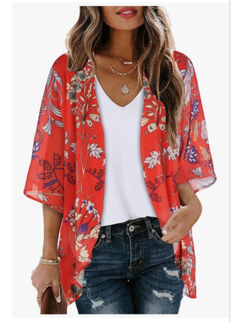 Women's Unbranded Red Floral Tunic Kimono, Size Large (10/12), NWOT
